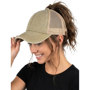 image:imageFunky Junque Criss Cross Ponytail Cap Messy Bun Distressed Baseball HatBeige Mesh  Olive Distressed