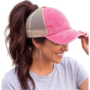 image:imageFunky Junque Criss Cross Ponytail Cap Messy Bun Distressed Baseball HatBeige Mesh  Pink Distressed