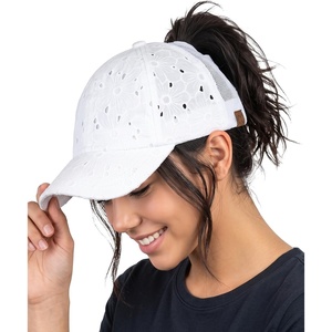 image:imageFunky Junque Criss Cross Ponytail Cap Messy Bun Distressed Baseball HatCotton Eyelet  White