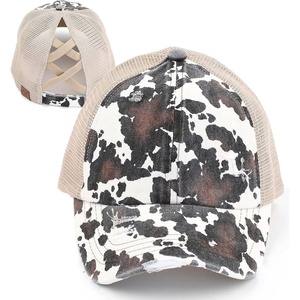 image:imageFunky Junque Criss Cross Ponytail Cap Messy Bun Distressed Baseball HatCow Print  Beige