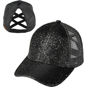 image:imageFunky Junque Criss Cross Ponytail Cap Messy Bun Distressed Baseball HatSequin  Black
