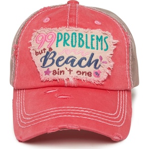 image:imageFunky Junque Distressed Baseball Cap Vintage Embroidered Dad Hat99 Problems But a Beach Aint One  Coral