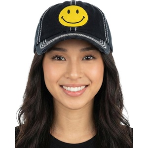image:imageFunky Junque Distressed Baseball Cap Vintage Embroidered Dad HatSmiley Face  Black