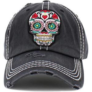 image:imageFunky Junque Distressed Baseball Cap Vintage Embroidered Dad HatSugar Skull  Black