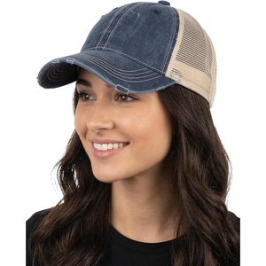image:imageFunky Junque Distressed Mesh Low Profile Trucker Hat Snapback CapWashed NavyBeige Mesh