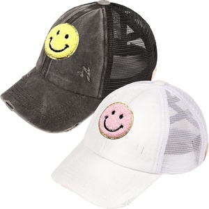 image:imageFunky Junque Girls Criss Cross Ponytail Baseball Cap Kids Messy Bun Hat2 Pack Smiley Face  BlackYellow  WhitePink
