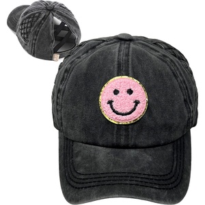 image:imageFunky Junque Girls Criss Cross Ponytail Baseball Cap Kids Messy Bun HatBasketweave  Smiley Face  BlackPink