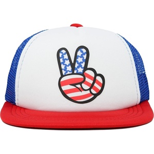 image:imageFunky Junque Kids Trucker Hat Toddler Boys amp Girls Flat Brim Baseball CapUsa Peace Fingers  WhiteRedBlue