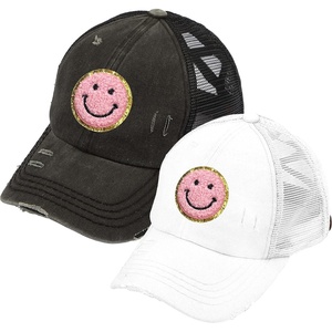 image:imageFunky Junque Mommy Me Criss Cross Ponytail Baseball Cap Set2 Pack Smiley Face  Mom BlackPink  Child WhitePink