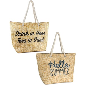 image:imageFunky Junque Stylish Straw Beach Tote Bag for Women  Summer Travel Shoulder Bag  Beach Quotes Cattle Bags Smiley Faces2 Pk Drinks in Hand Toes in Sand  Hello Sunshine