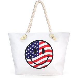 image:imageFunky Junque Stylish Straw Beach Tote Bag for Women  Summer Travel Shoulder Bag  Beach Quotes Cattle Bags Smiley FacesSmiley Face  Usa Colors