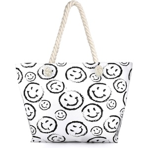image:imageFunky Junque Stylish Straw Beach Tote Bag for Women  Summer Travel Shoulder Bag  Beach Quotes Cattle Bags Smiley FacesSmiley Face  White