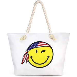 image:imageFunky Junque Stylish Straw Beach Tote Bag for Women  Summer Travel Shoulder Bag  Beach Quotes Cattle Bags Smiley FacesSmiley Face  Yellow Usa Bandana