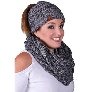 image:imageFunky Junque Womens Cozy Infinity Scarf amp Messy Bun Beanie Set Winter Accessory Set4 Tone Mix  Grey  Black  Beige  Lt French Beige