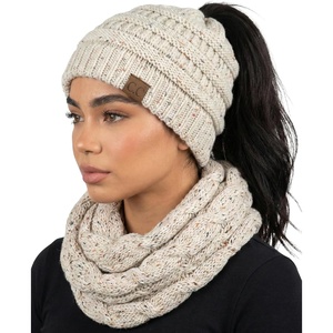 image:imageFunky Junque Womens Cozy Infinity Scarf amp Messy Bun Beanie Set Winter Accessory SetA Confetti Oatmeal Design