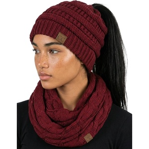 image:imageFunky Junque Womens Cozy Infinity Scarf amp Messy Bun Beanie Set Winter Accessory SetBurgundy