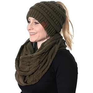 image:imageFunky Junque Womens Cozy Infinity Scarf amp Messy Bun Beanie Set Winter Accessory SetDark Olive