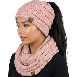 image:imageFunky Junque Womens Cozy Infinity Scarf amp Messy Bun Beanie Set Winter Accessory SetIndi Pink
