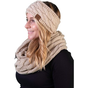 image:imageFunky Junque Womens Headwrap amp Infinity Scarf Set  Soft Knit Winter Accessories Trendy Cold Weather Gifts for WomenSolid Beige