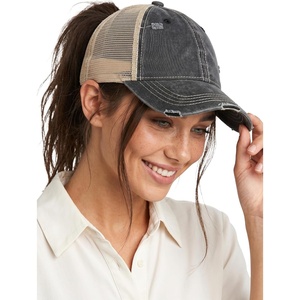 image:imageFunky Junque Messy Bun Ponytail Cap Distressed Trucker Baseball HatBlack  Beige Mesh