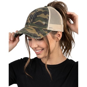 image:imageFunky Junque Messy Bun Ponytail Cap Distressed Trucker Baseball HatOlive Camo  Mesh