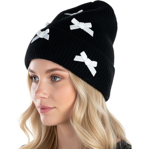 image:imageFunky Junque Womens Soft Chenille Beanie  Warm Stretchy Knit Winter Hat with BowsMini Velvet Bows  BlackIvory
