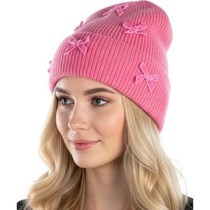 image:imageFunky Junque Womens Soft Chenille Beanie  Warm Stretchy Knit Winter Hat with BowsMini Velvet Bows  Candy Pink