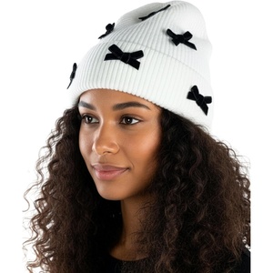 image:imageFunky Junque Womens Soft Chenille Beanie  Warm Stretchy Knit Winter Hat with BowsMini Velvet Bows  Ivory