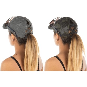 image:imageFunky Junque Criss Cross Ponytail Baseball Cap for Women  Messy Bun Hat with Side Button Distressed amp Solid Styles2 Pack Grey  Camo Black