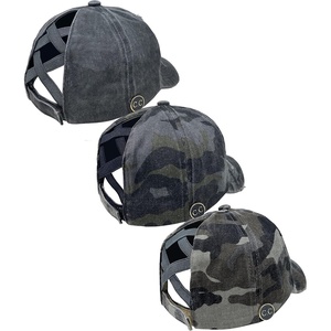 image:imageFunky Junque Criss Cross Ponytail Baseball Cap for Women  Messy Bun Hat with Side Button Distressed amp Solid Styles3 Pack Charcoal  Camo Black   Camo Grey