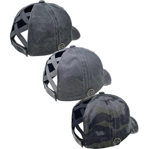 image:imageFunky Junque Criss Cross Ponytail Baseball Cap for Women  Messy Bun Hat with Side Button Distressed amp Solid Styles3 Pack Grey  Charcoal  Camo Black