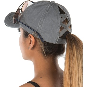 image:imageFunky Junque Criss Cross Ponytail Baseball Cap for Women  Messy Bun Hat with Side Button Distressed amp Solid StylesGrey