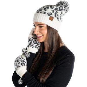 image:imageFunky Junque Womens Leopard Print Pom Beanie amp Gloves Set  Cozy Knit Winter Hat Stylish Cheetah Cold Weather AccessoriesA Leopard Print Glove  Hat  Ivory