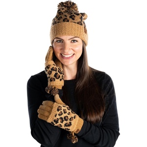 image:imageFunky Junque Womens Leopard Print Pom Beanie amp Gloves Set  Cozy Knit Winter Hat Stylish Cheetah Cold Weather AccessoriesA Leopard Print Glove  Hat  Latte