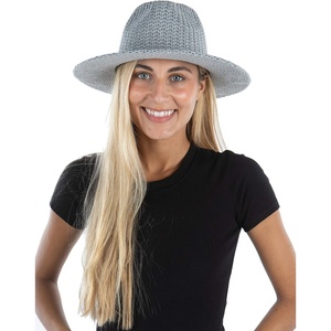 image:imageFunky Junque Womens Stylish Knit Fedora Hat  Wide Brim Panama with Woven Leather TasselHeather Grey