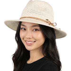 image:imageFunky Junque Womens Stylish Knit Fedora Hat  Wide Brim Panama with Woven Leather TasselRope Trim  Beige