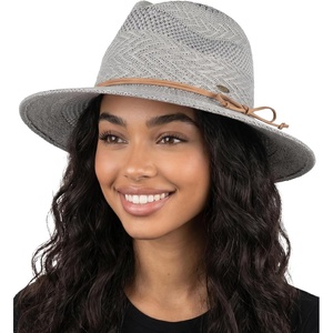 image:imageFunky Junque Womens Stylish Knit Fedora Hat  Wide Brim Panama with Woven Leather TasselRope Trim  Light Grey