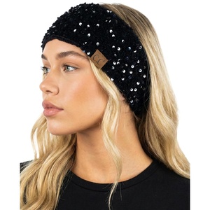 image:imageFunky Junque Fleece Lined Head Wrap Headband Ear Warmer for Women Soft Stretchy Cable Knit Winter Accessory for Cold Weather  RedChunky Sequin  Black
