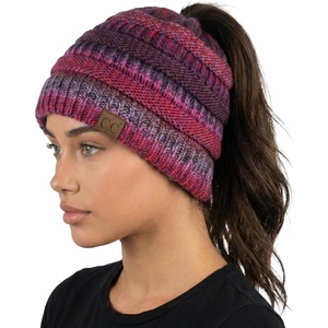 image:imageFunky Junque Ponytail Beanie for Women  Winter Hat Soft Stretch Cable Knit High Pony Tail Womens Running HatsA Galaxy Mix  Berry Burgundy