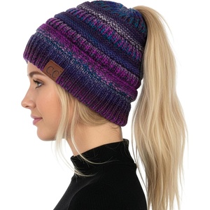 image:imageFunky Junque Ponytail Beanie for Women  Winter Hat Soft Stretch Cable Knit High Pony Tail Womens Running HatsA Galaxy Mix  Indigo Purple