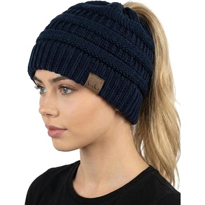 image:imageFunky Junque Ponytail Beanie for Women  Winter Hat Soft Stretch Cable Knit High Pony Tail Womens Running HatsNavy