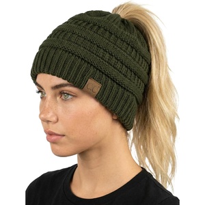 image:imageFunky Junque Ponytail Beanie for Women  Winter Hat Soft Stretch Cable Knit High Pony Tail Womens Running HatsOlive