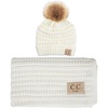 Ribbed Knit - 1 Fur Pom - White