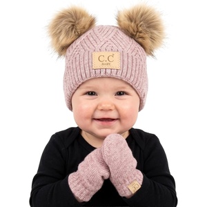 image:imageFunky Junque Baby Double Faux Fur Pom Pom Beanie amp Mittens Set  Newborn Infant 09 Months Winter Hat with Soft Lined MittensDiagonal Basketweave Rose 09 Months