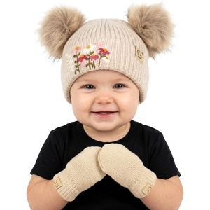 image:imageFunky Junque Baby Double Faux Fur Pom Pom Beanie amp Mittens Set  Newborn Infant 09 Months Winter Hat with Soft Lined MittensEmbroidered Flowers  Beige 09 Months
