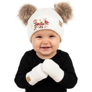 image:imageFunky Junque Baby Double Faux Fur Pom Pom Beanie amp Mittens Set  Newborn Infant 09 Months Winter Hat with Soft Lined MittensEmbroidered Flowers  White 09 Months