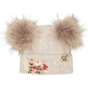 image:imageFunky Junque Baby Pom Pom Beanie  Soft Knit Infant Winter Hat for Baby Girls amp Boys Cozy Warm Newborn Beanie 012 MonthsEmbroidered Flowers  Beige