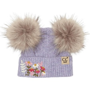 image:imageFunky Junque Baby Pom Pom Beanie  Soft Knit Infant Winter Hat for Baby Girls amp Boys Cozy Warm Newborn Beanie 012 MonthsEmbroidered Flowers  Lavender