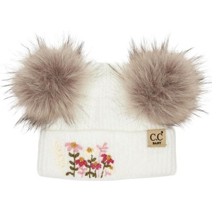 image:imageFunky Junque Baby Pom Pom Beanie  Soft Knit Infant Winter Hat for Baby Girls amp Boys Cozy Warm Newborn Beanie 012 MonthsEmbroidered Flowers  White