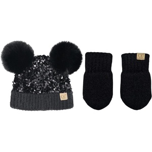 image:imageFunky Junque Matching 2 Pack Infant Double Pom Sequin Beanie amp Baby Mittens  Black